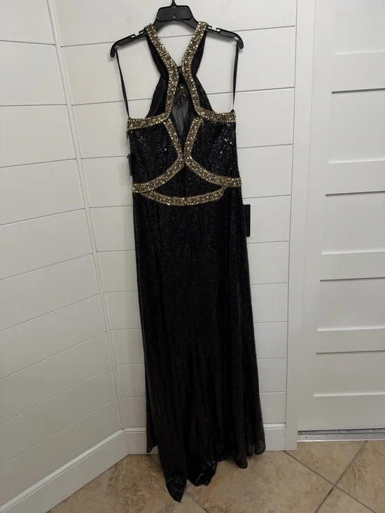 NEW Lucci Lu Women’s Black Gold Beaded Sequin Halter Gown Size 16 36295 - Picture 4 of 14